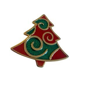 Festive Vintage Christmas Tree Pin in Red, Green & Gold Tones.